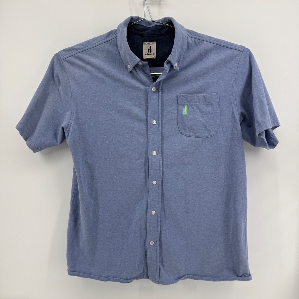 Johnnie-O Button Down Men L Blue Heathered Cotton Short Sleeve Surfer Logo